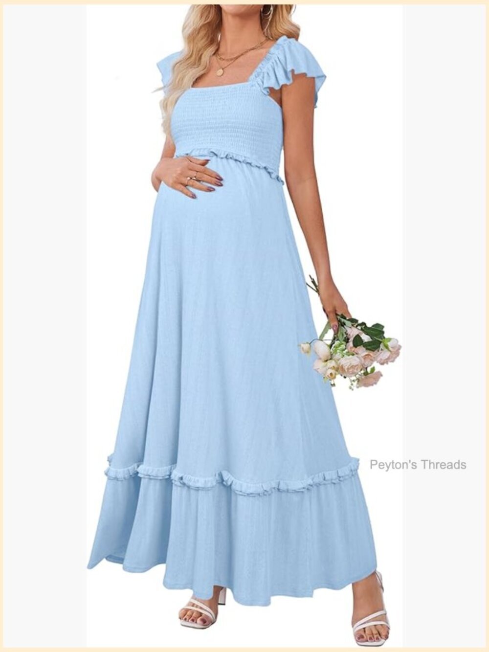 Maternity Boho Maxi Dress with Smocked Bodice and Ruffle Sleeves for Photoshoot
